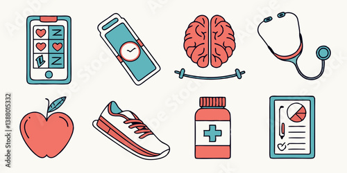 Health Wellness Fitness Medical Vector Icons: Phone Tracker Brain Stethoscope Apple Shoe Medicine Clipboard