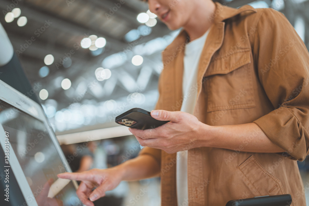 Fototapeta premium Closeup hands of asian man using self check-in machine at the airport terminal getting the boarding pass, Technology in airport, Tourist journey trip concept