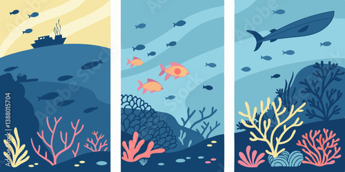 Underwater Marine Life Whale Ship Fish Colorful Coral Reef Flat Vector Cartoon Illustration