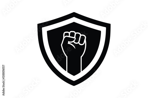 Silhouette art illustration design of a fist raised in solidarity icon in shield.eps