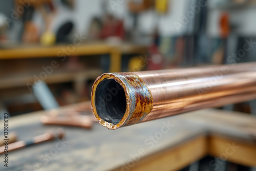 A corroded copper pipe with a damaged and oxidized end is shown in a workshop environment.