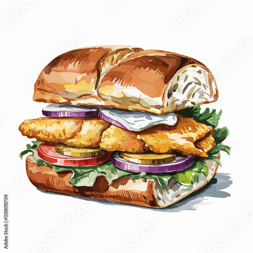 Watercolor Lake Trout Sandwich with Pickles and Lettuce