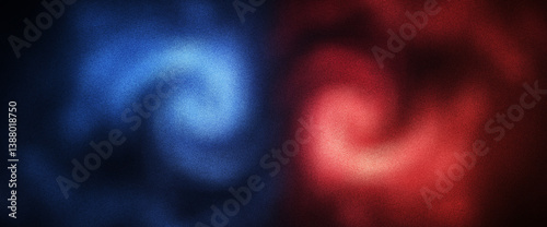 Vibrant red and blue abstract swirl background with atmospheric grainy gradient texture and circular depth pattern