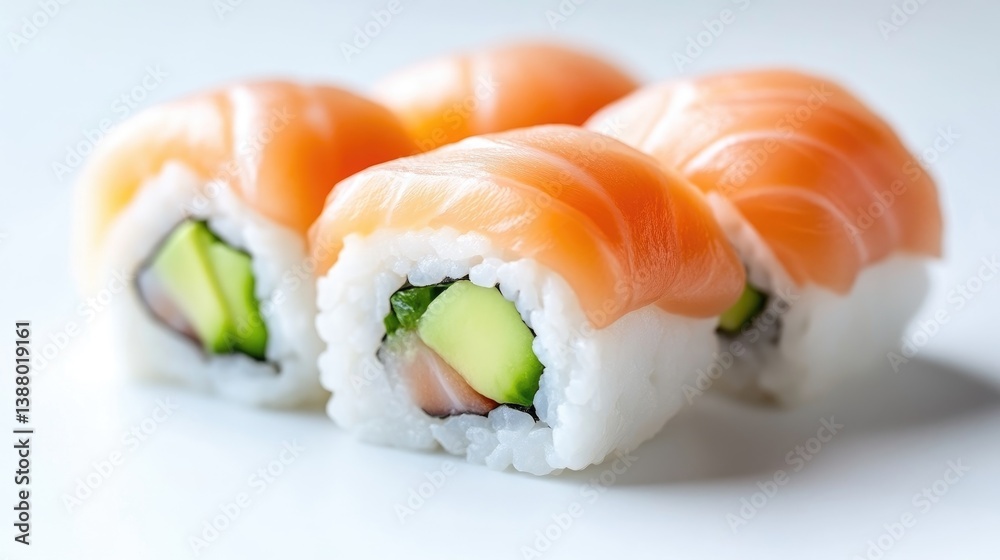 Four salmon avocado sushi rolls are displayed. The rolls are neatly arranged, showcasing their fresh ingredients. The image is high quality with bright lighting. The style is clean and minimalist. Four salmon avocado sushi rolls are displayed. The rolls are neatly arranged, showcasing their fresh ingredients. The image is high quality with bright lighting. The style is clean and minimalist.