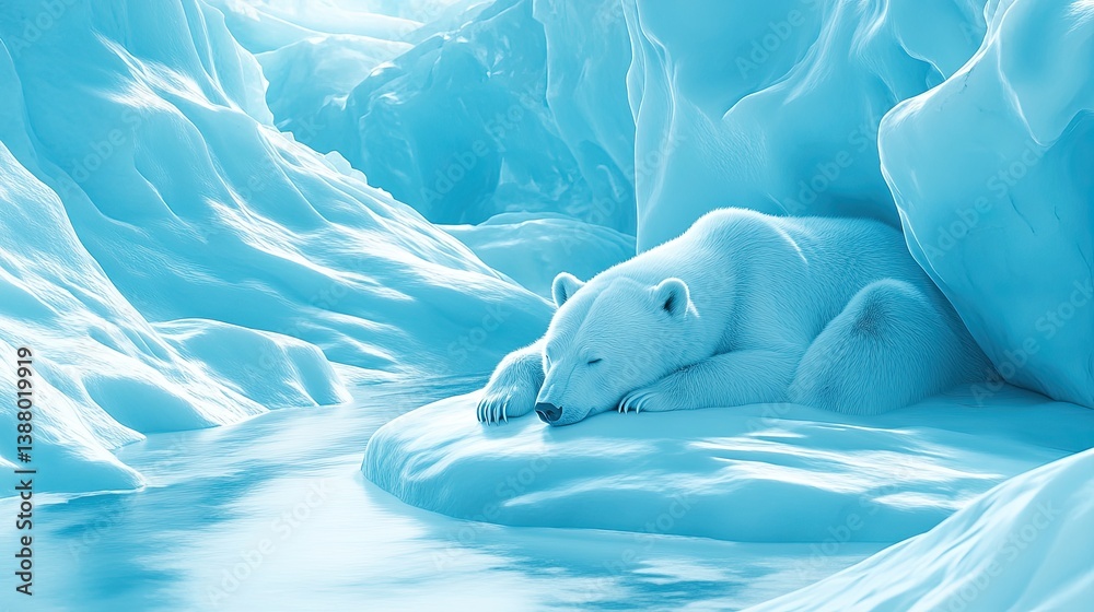 Naklejka premium Polar bear resting on a smooth glacier, surrounded by sharp, sculpted ice waves.