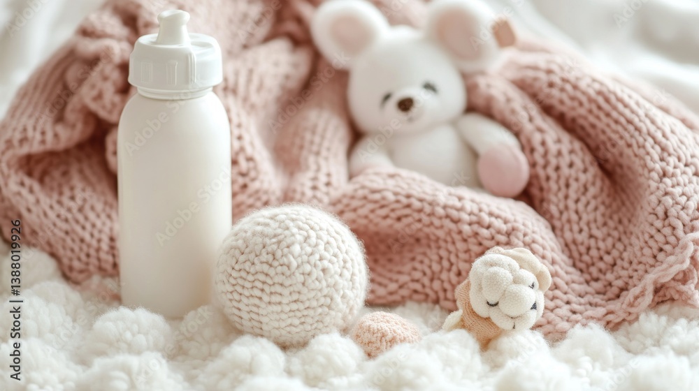 Soft Baby Blanket with Toy and Bottle on White Background Soft Baby Blanket with Toy and Bottle on White Background
