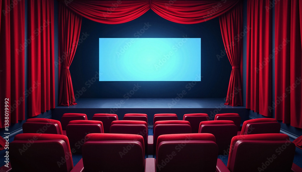 Fototapeta premium Red Theater Interior with Blank Screen and Stage Curtains 
