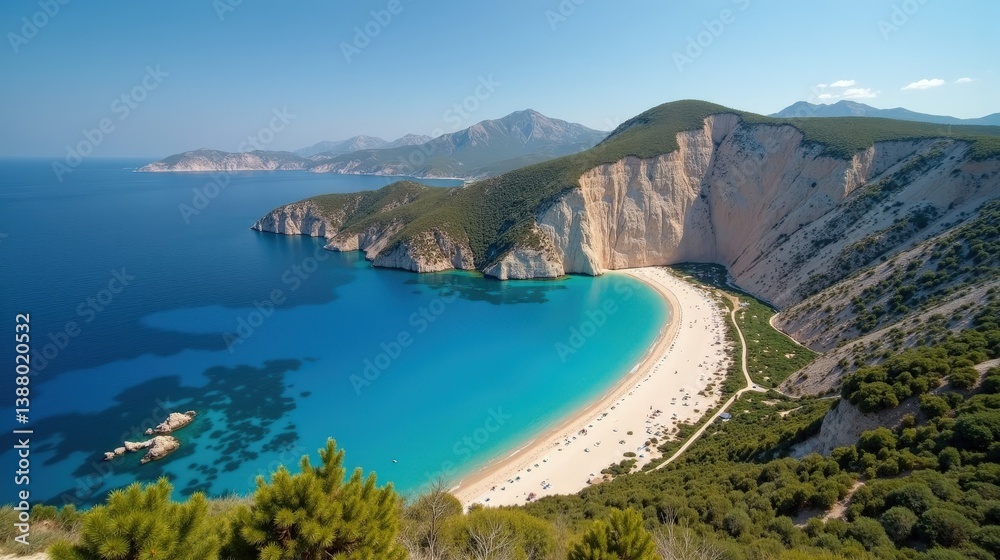 Fototapeta premium Aerial view of Gaidouronisi in Greece during midday with hot, sunny summer conditions, showcasing the island's rugged beauty.