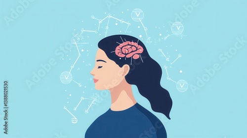 Woman with Brain Illustration on Blue Background