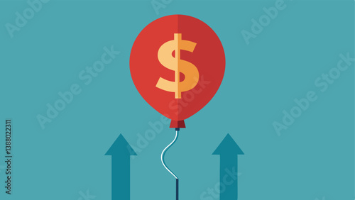 Deflating Balloon with Dollar Sign A balloon shaped like a dollar sign that is slowly deflating. The background includes arrows pointing upward labeled Inflation.