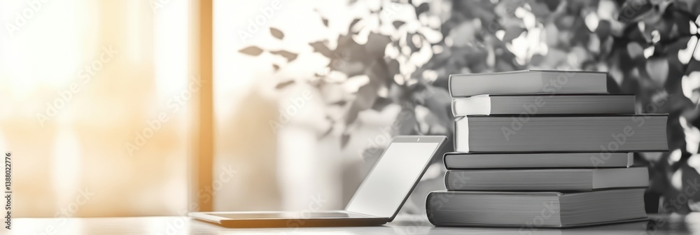 Obraz premium Stylish monochrome education-themed background featuring books and a digital tablet in a professional setting