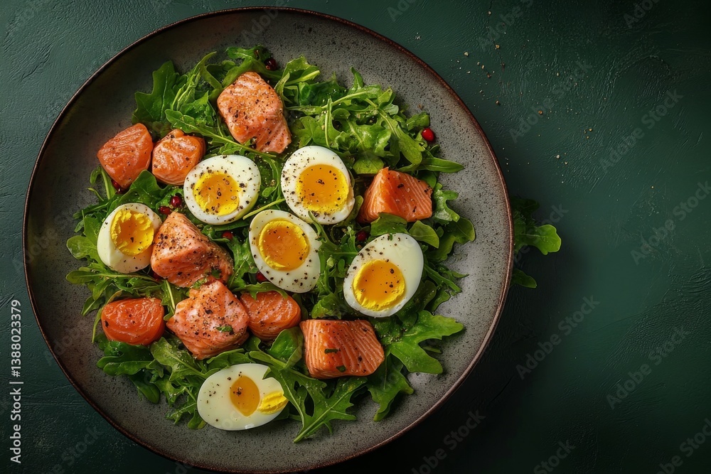 Fresh Salad With Smoked Salmon and Boiled Eggs on a Textured Plate Ready to Be Served Fresh Salad With Smoked Salmon and Boiled Eggs on a Textured Plate Ready to Be Served