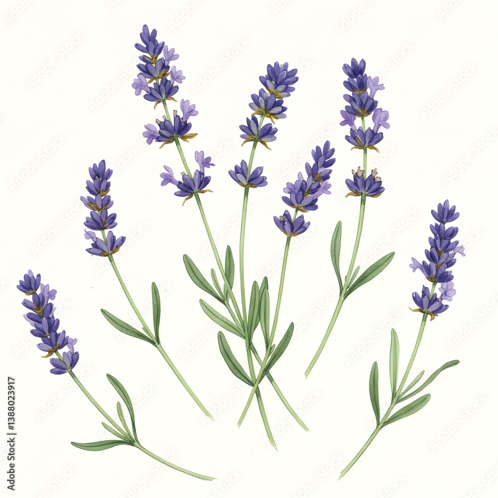 Fototapeta premium Watercolor Painting of Lavender Flowers and Stems on White Background