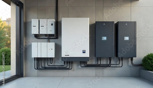 battery packs alternative electric energy storage system at home garage wall as backup or sustainable energy concepts, Rows of high capacity lead batteries, created with generative ai