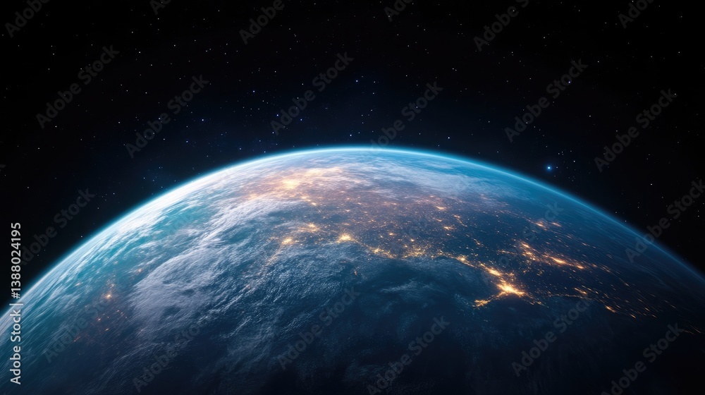 Obraz premium A high-resolution image depicts Earth from space, showcasing city lights and cloud formations. The composition focuses on the planets curve against a dark, starry backdrop. The image is digitally ren