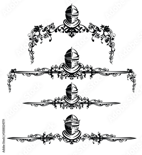 fairy tale medieval royal knight helmet, sword and rose flowers black and white vector calligraphic page divider silhouette design set