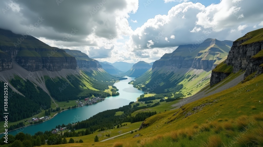 Naklejka premium Panoramic shot of Mebshdalen Valley in Norway at midday, with cloudy skies and a peaceful vibe.