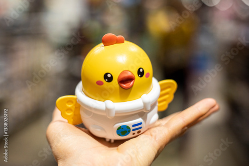 holding a plastic wind-up toy chicken. Preparing for the holiday, Easter