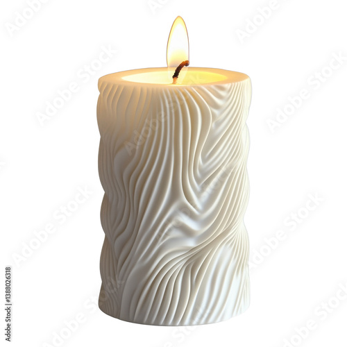 A beautifully designed white candle with intricate vertical grooves and an elegant swirling pattern wrapping around its body photo