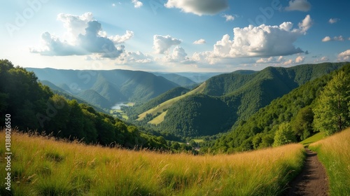 Photo of Morvan Regional Natural Park in France during midday with mild, sunny summer weather, captured from a panoramic viewpoint.