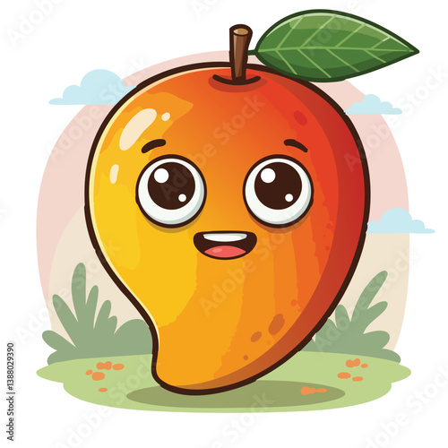 Cute cartoon vector mango with big eyes and a happy face	
