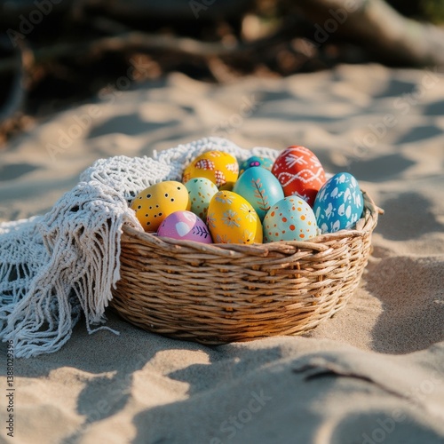Beach Easter Basket: Colorful Eggs on Sandy Shore