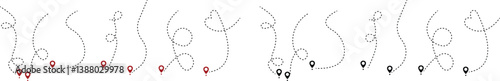 Location routes icon set. Route vector between two points with dotted path and location pin. Location pointer continuous one line drawing. GPS navigation line route mark isolated on transparent back.
