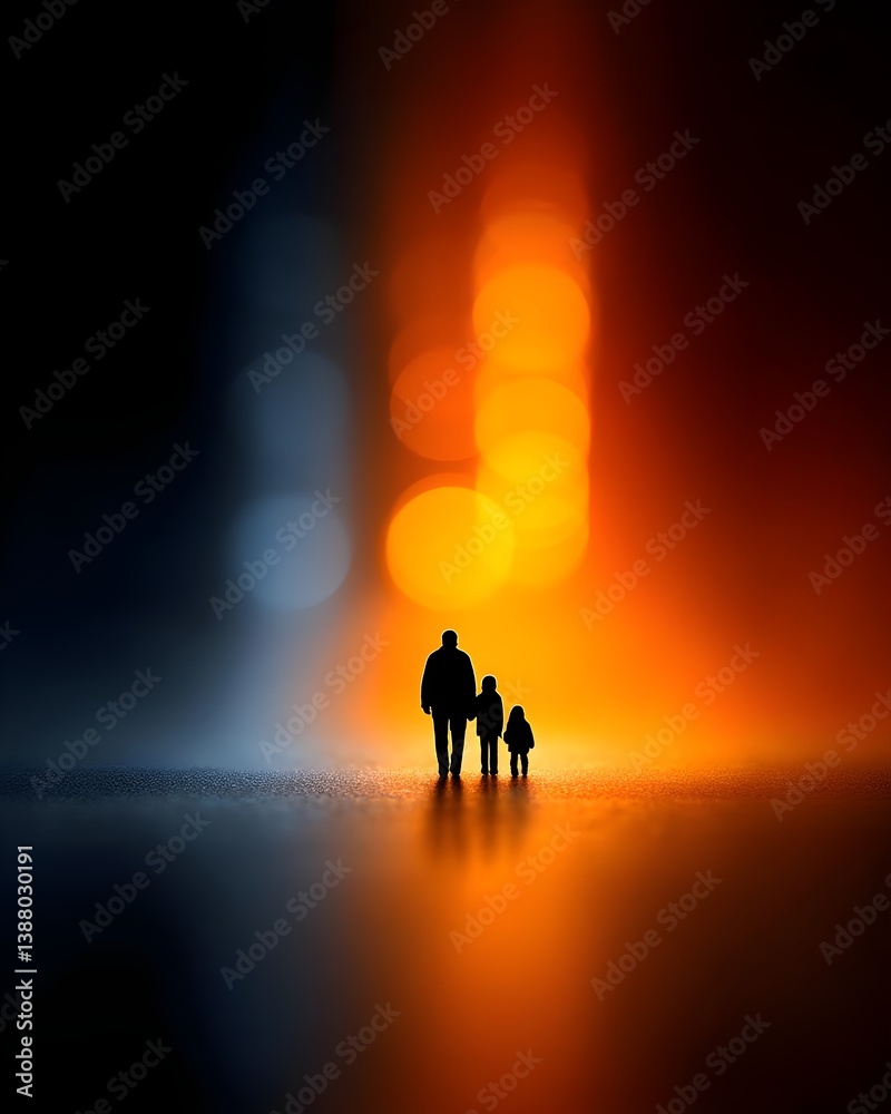 Fototapeta premium Silhouetted family walking towards a glowing horizon