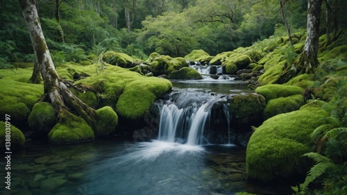 A serene forest scene featuring a flowing stream and lush green moss-covered rocks.