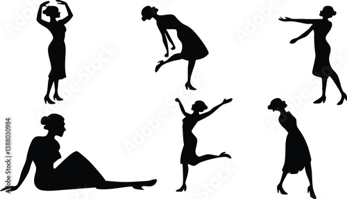 artistic black silhouettes of female dancers showing different ballet positions and contemporary dance movements
