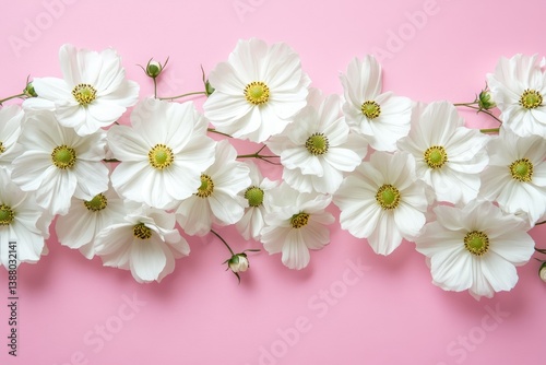 Wallpaper Mural White cosmos flowers arranged in a row on a pink background. Torontodigital.ca