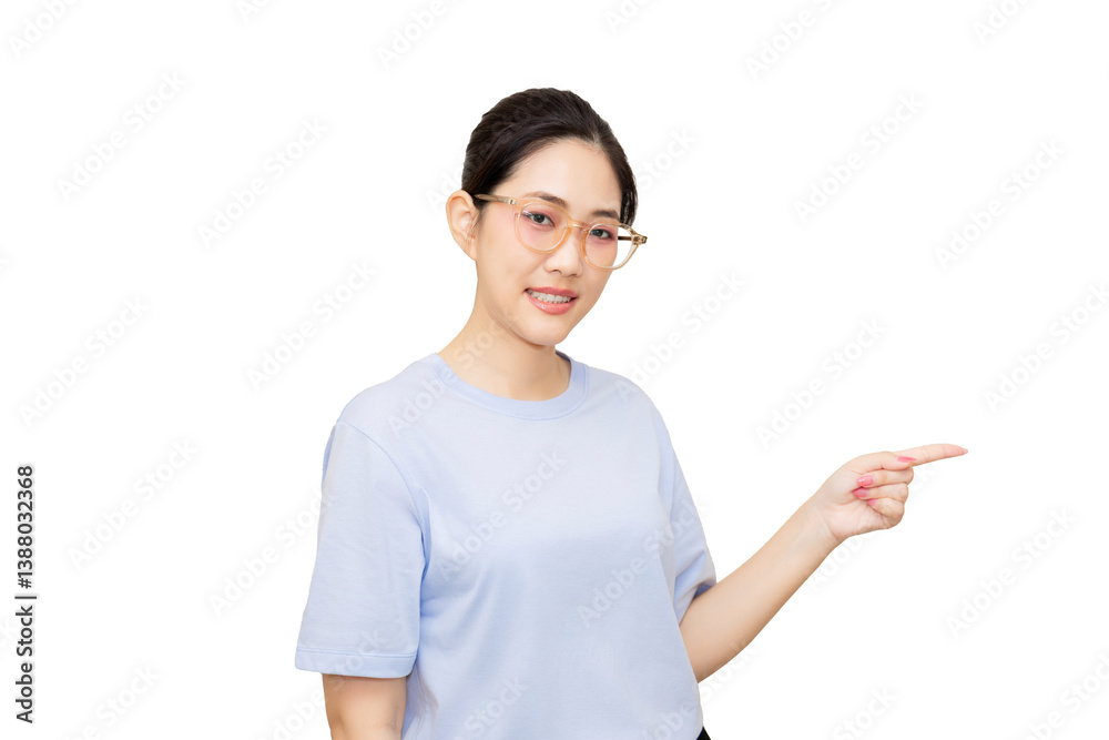 A smiling woman in a light blue shirt points to the side, wearing glasses and displaying a cheerful demeanor.