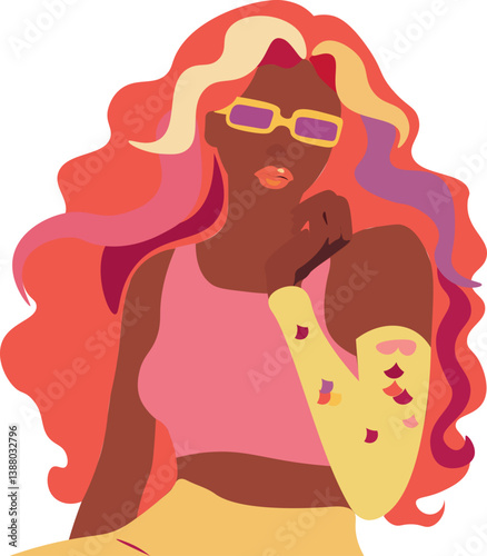 tanned girl with pink hair, modern mermaid