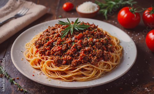 Plate of spaghetti with meat sauce and basil. There are also tomatoes on the table. A fork is visible on the left side of the plate