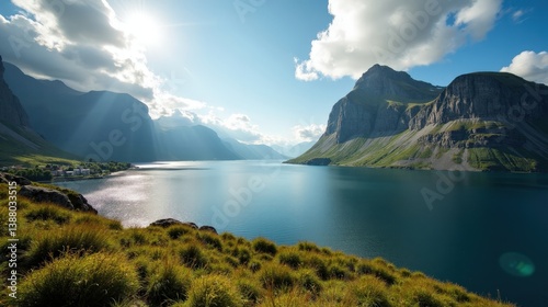 Panoramic view of a Norwegian landscape at midday under clear, sunny skies.