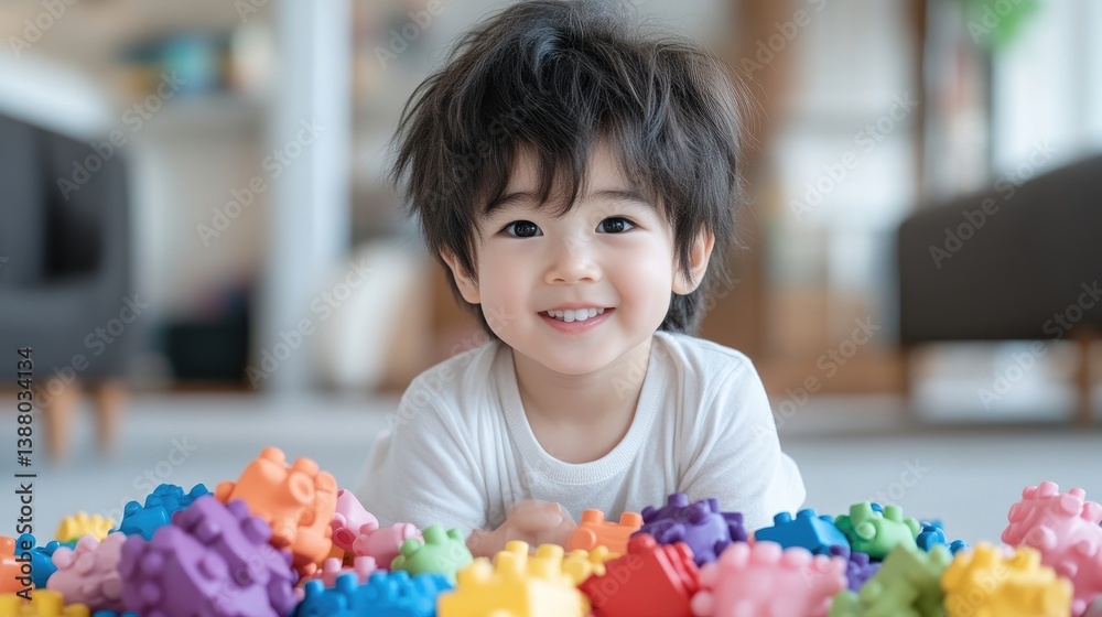 Joyful toddler surrounded by colorful blocks Joyful toddler surrounded by colorful blocks