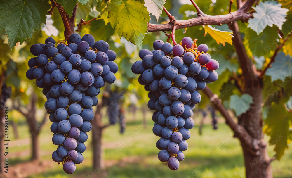 Two clusters of grapes are hanging from a vine, with each cluster containing numerous grapes. The grapes are a deep purple color and are ripe for picking. The vine is lush and green, providing a Two clusters of grapes are hanging from a vine, with each cluster containing numerous grapes. The grapes are a deep purple color and are ripe for picking. The vine is lush and green, providing a