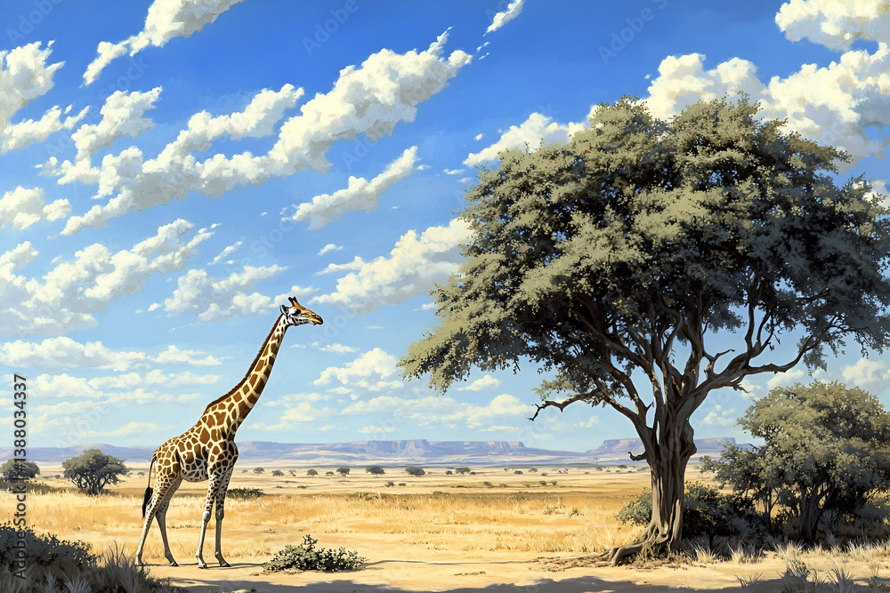 Fototapeta premium A giraffe stretching its neck to nibble leaves from a tall acacia tree under the midday sun, with scattered clouds and a dusty African savanna in the background