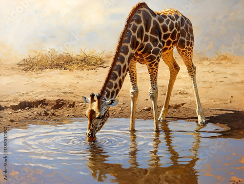 A giraffe bending awkwardly to drink from a waterhole, legs splayed and ripples forming around its mouth