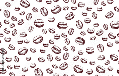Coffee beans seamless pattern on white, hand drawn illustrations.