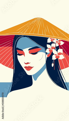 Elegant Asian woman wearing traditional conical hat with floral accents – vector illustration