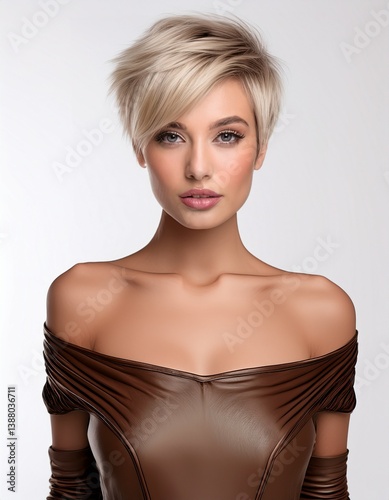 studio portrait of a blonde woman with short hair wearing a low cut brown leather top with nude shoulders on a white background, fashion photography