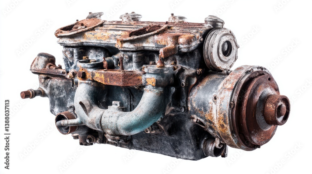 Fototapeta premium Old car engine isolated on white background. Rusty automotive engine.