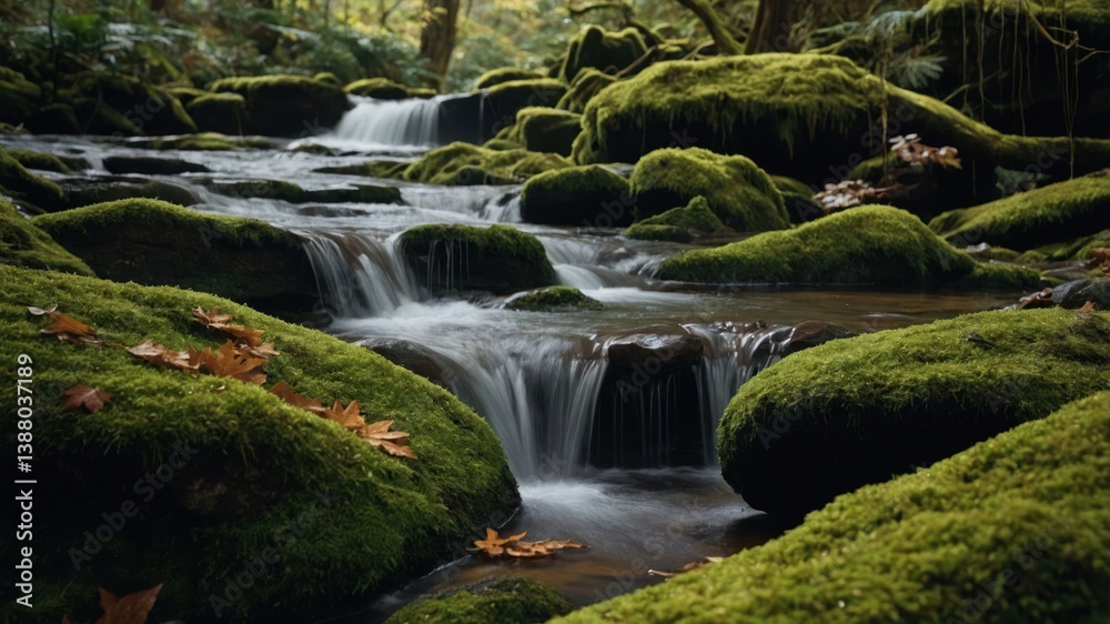A serene stream flows over moss-covered rocks in a lush forest setting. A serene stream flows over moss-covered rocks in a lush forest setting.