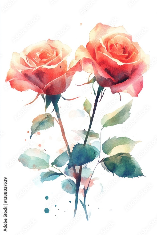 Obraz premium Two beautiful watercolor painted roses with green leaves on stems