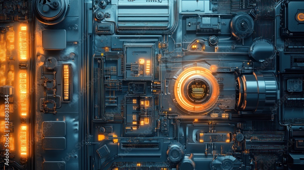 Intricate futuristic circuit panel. A complex, detailed system of interconnected metallic components, highlighted by glowing orange accents Intricate futuristic circuit panel. A complex, detailed system of interconnected metallic components, highlighted by glowing orange accents