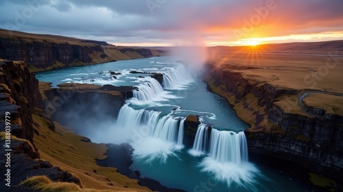 Aerial view of Skogafoss waterfall in Iceland at dawn with cloudy weather, capturing the mist and surroundings.