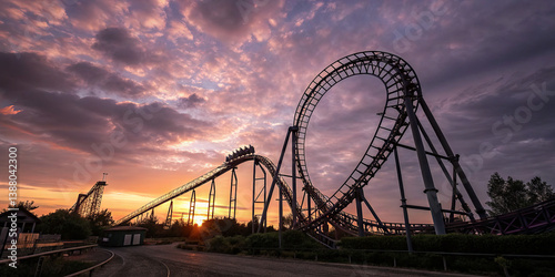A striking roller coaster curves through the sky as the sun sets behind it. The vibrant colors of dusk create a dramatic backdrop, inviting visitors to relive thrilling amusement park adventures