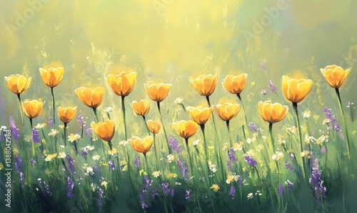 Sunlit yellow tulips and wildflowers in a vibrant meadow.