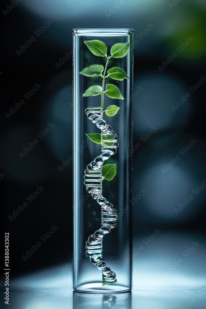 custom made wallpaper toronto digitalDNA helix with green plant inside test tube, biotech innovation closeup, soft natural lab lighting